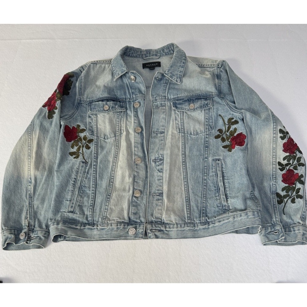 PacSun Los Angeles Floral Embroidered Denim Jacket Light Wash Rose Womens Large